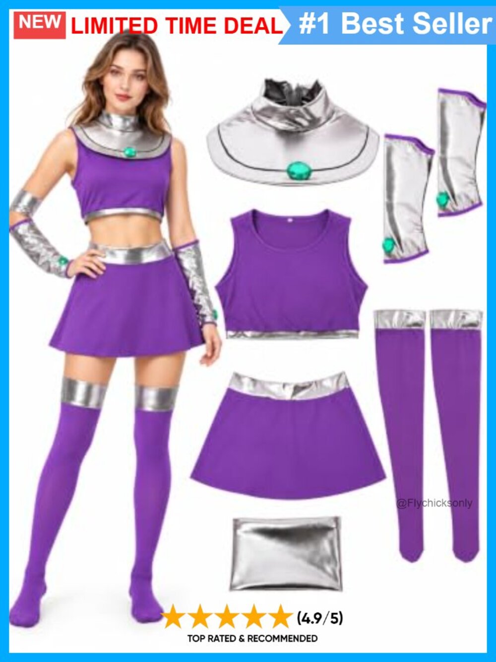 6PCS Starfire Cosplay Costume Set Polyester Skirt Top Gloves Stockings